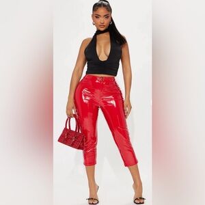 Red High-Waisted Vinyl Pants